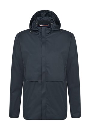 Navy wasserfeste Jacke mit Kapuze, Frontreißverschluss und zwei großen Taschen oben, mit glatter Textur und minimalistischem Design.