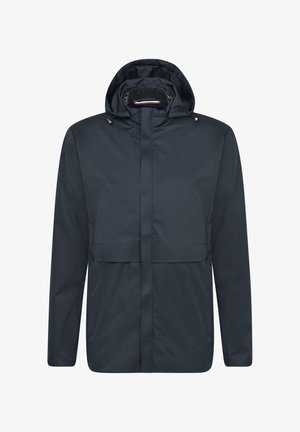 Navy wasserfeste Jacke mit Kapuze, Frontreißverschluss und zwei großen Taschen oben, mit glatter Textur und minimalistischem Design.