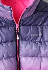 Lila och rosa pufferjacka med horisontella quiltade sektioner, en rosa dragkedja och logotypen "ICEPEAK" på framsidan. Fodrad huva synlig.