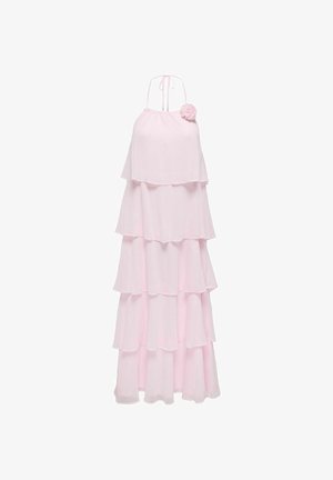 Rochie maxi roz deschis, în straturi, cu legătură la gât tip halter și decor floral pe decolteu, material fluent, stratificat.