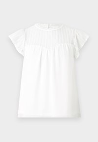 Bílé šaty s krátkým rukávem a krajkovým vrchním dílem, volánkovými rukávy, uzávěrem na zádech ve tvaru klíčové dírky a nařaseným materiálem pod prsy.