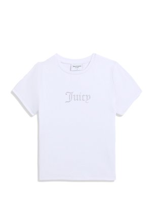 T-shirt bianco in cotone a maniche corte, con un logo "Juicy" in strass sul davanti, scollo rotondo e vestibilità classica.