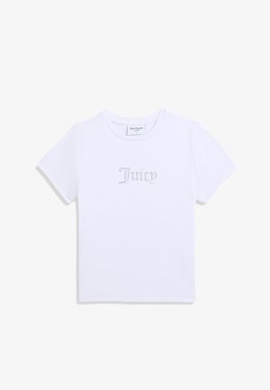 T-shirt bianco in cotone a maniche corte, con un logo "Juicy" in strass sul davanti, scollo rotondo e vestibilità classica.