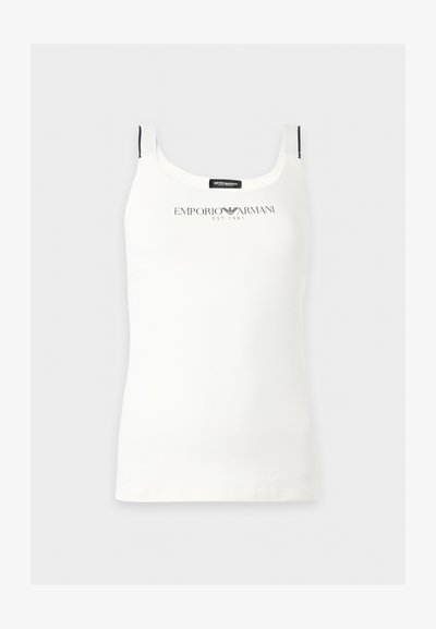 Λευκό αμάνικο τοπ Emporio Armani με μαύρο λογότυπο και έμβλημα τυπωμένα στο κέντρο μπροστά.