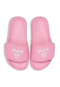 Pink slide sandals made of textured plastic, featuring a wide strap with a white bee logo and a smooth footbed for comfort.