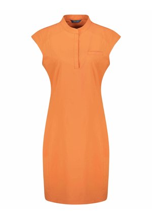 Oranges Kleid mit Kragen, Kurzärmeln und einer kleinen Brusttasche. Glatter Stoff, taillierte Silhouette und knielanges Design.