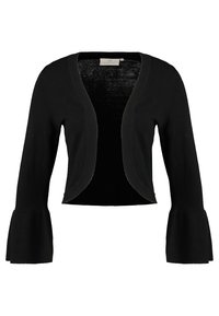 Černý krátký kardigan s dlouhými rukávy s rozšířenými manžetami, vyrobený z měkké, strukturované látky. Otevřený přední díl bez zapínání.