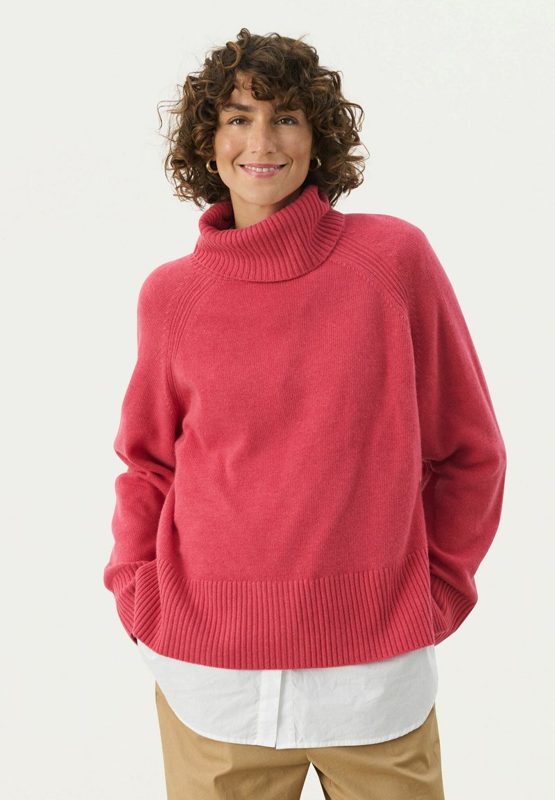 Roosa särk kõrge ribaga turtleneckiga, lõdva lõikega, ribapitsiga allservas ja randmetes, kantud valge sardiini peal, esitatud lihtsa tausta ees.