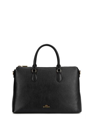 Schwarze, strukturierte Lederhandtasche mit zwei Griffen, goldenem Reißverschluss und kleinem goldenem Wittchen-Logo unten in der Mitte.