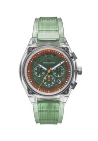 Διαυγής, οκταγωνικός ρολόι με διαφανή κάσα, πράσινο σιλικονένιο λουράκι, καφέ-πορτοκαλί καντράν, λευκές ενδείξεις και τρεις υποκαντράν.