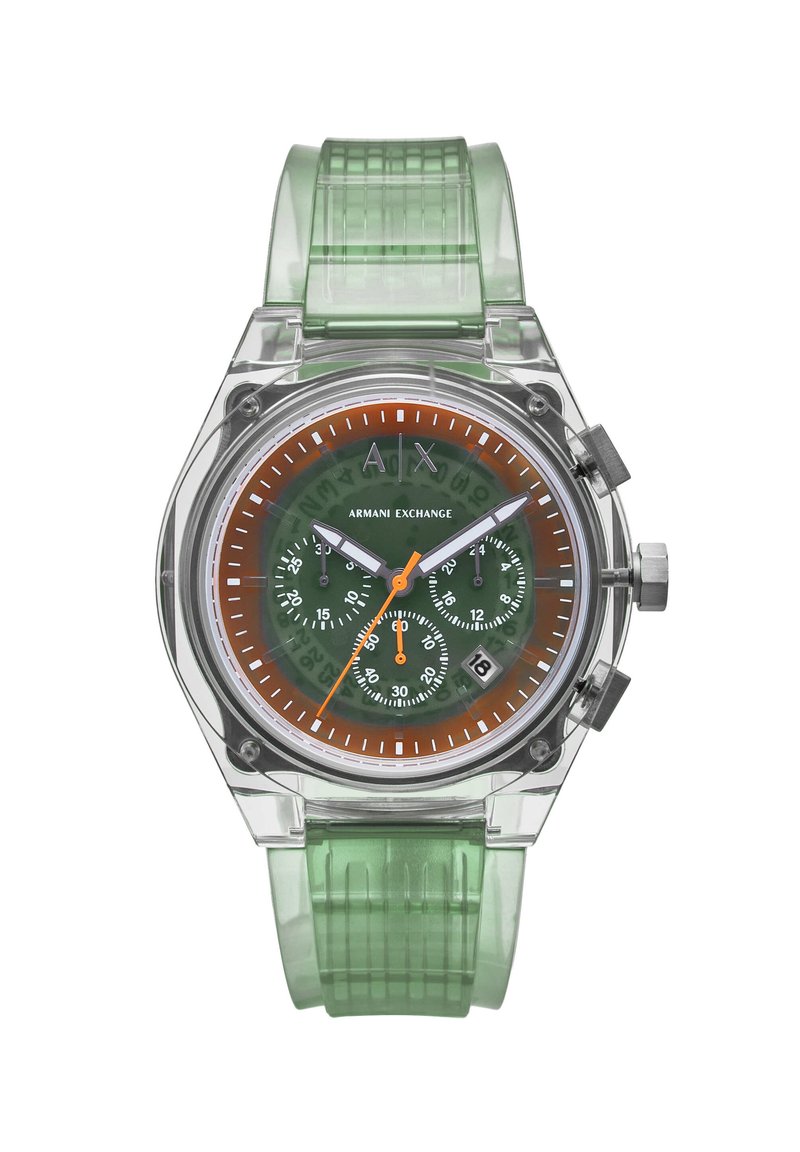 Διαυγής, οκταγωνικός ρολόι με διαφανή κάσα, πράσινο σιλικονένιο λουράκι, καφέ-πορτοκαλί καντράν, λευκές ενδείξεις και τρεις υποκαντράν.