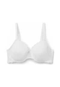 Witte kanten bh met gepadde cups, gekartelde randen en verstelbare banden, voorzien van een gestructureerd bloemenpatroon en haak-en-oog sluiting.