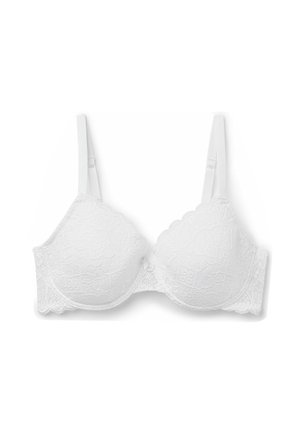 Witte kanten bh met gepadde cups, gekartelde randen en verstelbare banden, voorzien van een gestructureerd bloemenpatroon en haak-en-oog sluiting.