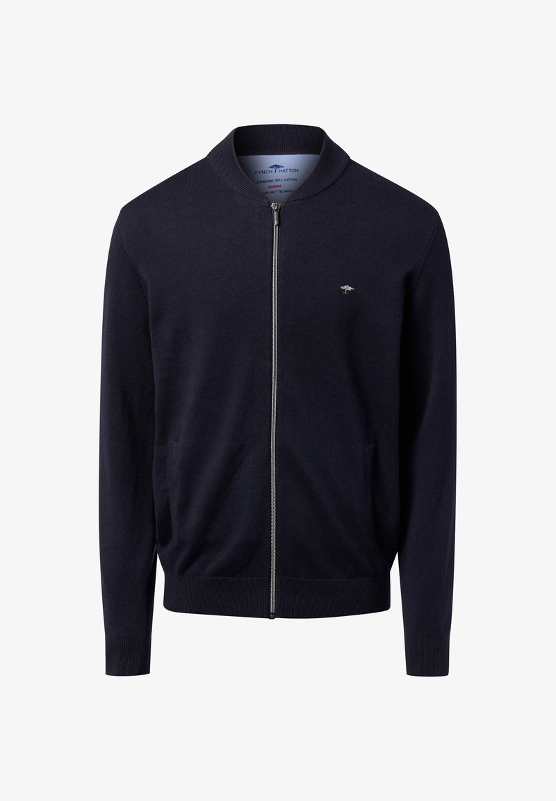 Marineblaue Kapuzenjacke aus Baumwollmischung, mit einem gerippten Kragen, Bündchen und Saum sowie einem kleinen Logo auf der Brust.