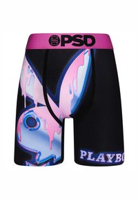 Férfi boxeralsó fekete anyagból, pink, kék és szürke grafikai dizájnnal, széles pink derékpánttal, amelyen a "PSD" logo látható, és sima textúrájával.