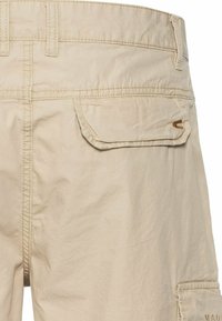 Beige cargoshorts van een gestructureerde stof, met een achterzak met een klep en subtiele stikselaccenten.