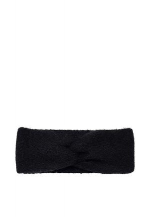 Black fuzzy fabric headband with a twisted knot design at the center, shown on a plain white background.