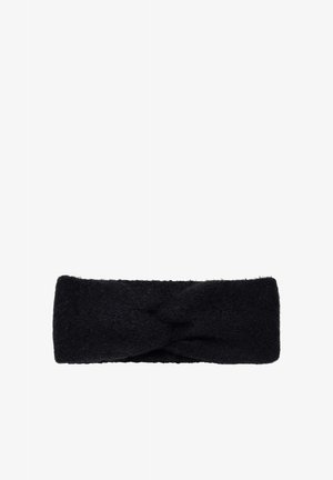 Black fuzzy fabric headband with a twisted knot design at the center, shown on a plain white background.