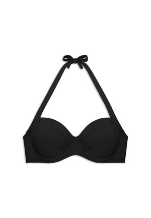 Haut de bikini noir rembourré à col halter avec armature et fermeture par nouage au cou, conçu pour les maillots de bain.