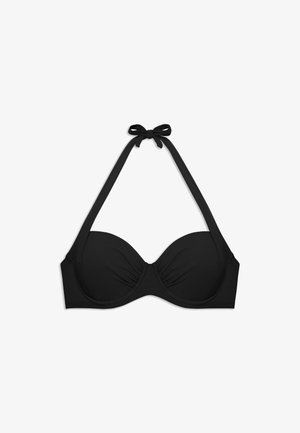 Haut de bikini noir rembourré à col halter avec armature et fermeture par nouage au cou, conçu pour les maillots de bain.