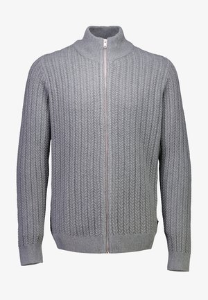 Szary sweter zapinany na zamek z wysokim kołnierzem, z teksturowanym splotem w kabli, z prążkowanymi mankietami i dołem dla lepszego dopasowania.