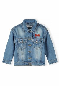 Giacca in denim di colore azzurro chiaro con maniche lunghe, colletto a punte, tasche frontali e ricamo di ciliegie. Chiusura con bottoni argentati.