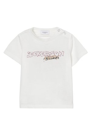 Maglietta bianca per bambino con maniche corte, bottoni a pressione sulla spalla e scritta "Jeckerson" in stile graffiti sul davanti.