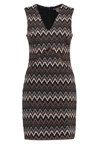 Sort, ærmeløs kjole med en zigzag-mønster i creme, brun og rust. V-hals-design med en tætsiddende, knælang silhuet.