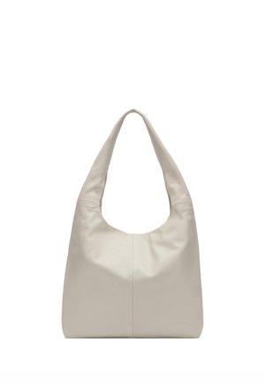 Weiche Schultertasche aus beigem Leder mit breitem Trageriemen und dezentem Nahtdetail, rechteckige Form mit gebogenem oberen Öffnung.