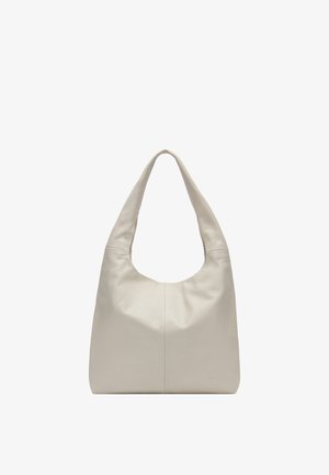 Miękka beżowa skórzana torba na ramię z szerokim pojedynczym paskiem i subtelnym przeszyciem, o prostokątnym kształcie z zaokrąglonym górnym otworem.