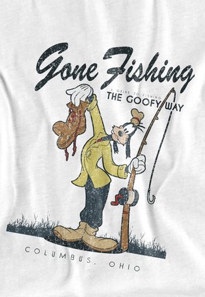 White t-shirt featuring a cartoon character holding a fishing rod and a boot, with the text “Gone Fishing: A Guide to Fishing the Goofy Way.”