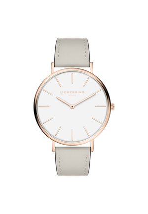Montre ronde avec un cadran blanc, des index en or rose et un bracelet en cuir gris clair. Design simple avec des caractéristiques minimalistes.