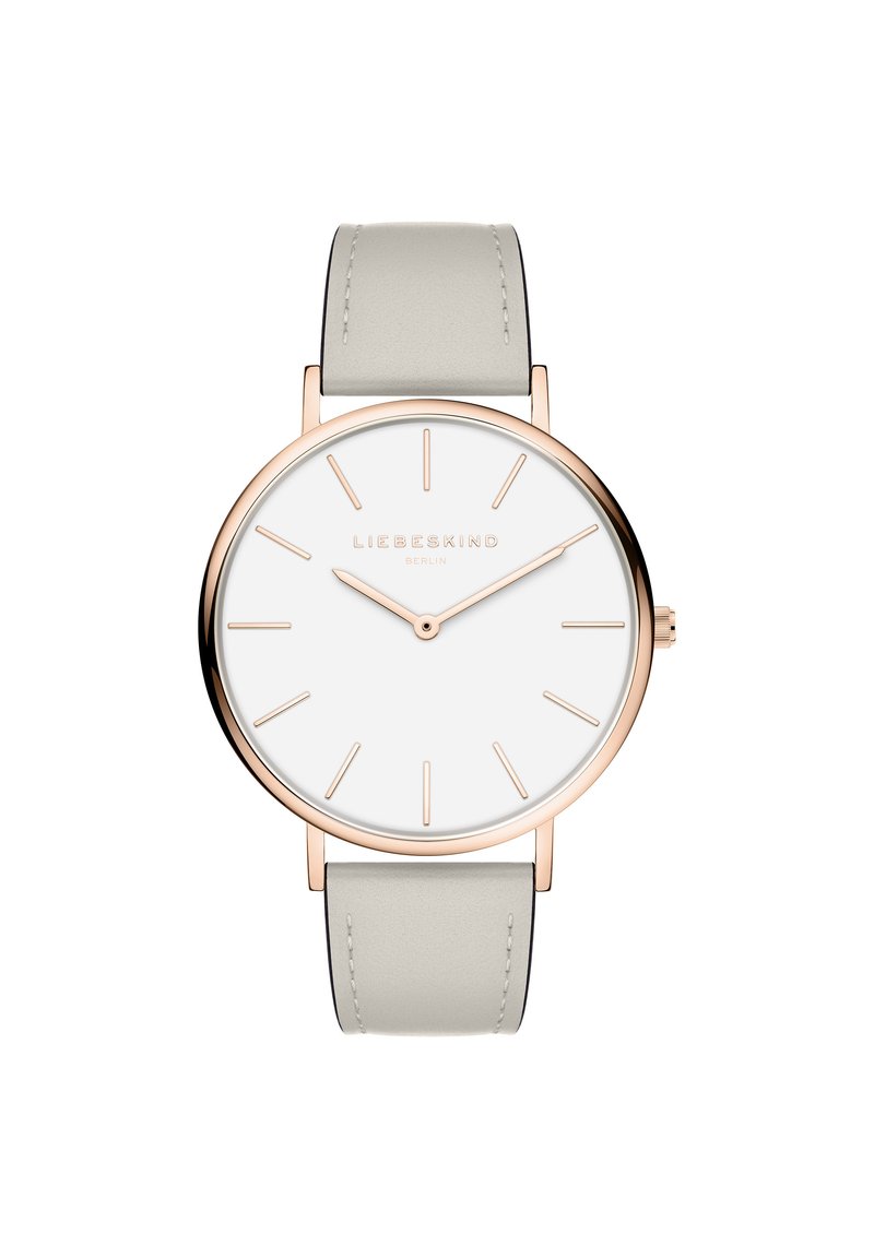 Runde Uhr mit weißem Zifferblatt, roségoldenen Stundenmarkierungen und einem hellgrauen Lederarmband. Einfaches Design mit minimalistischen Merkmalen.