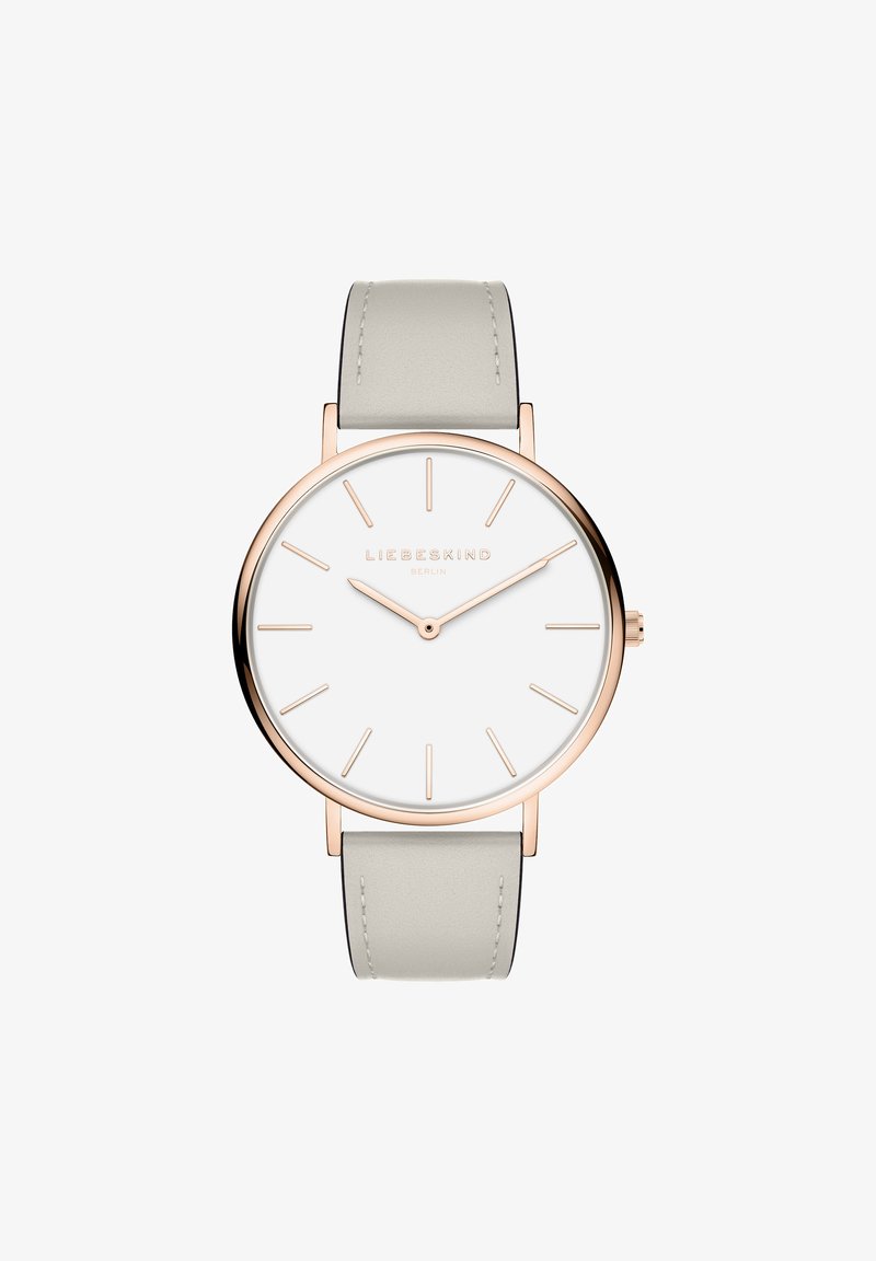 Runde Uhr mit weißem Zifferblatt, roségoldenen Stundenmarkierungen und einem hellgrauen Lederarmband. Einfaches Design mit minimalistischen Merkmalen.