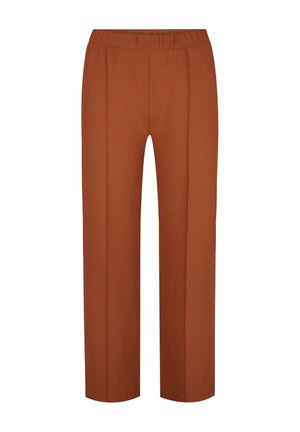 Roestkleurige, wijde broek met een elastische tailleband en plooien aan de voorkant. Gemaakt van zachte stof met een gladde textuur.