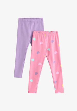 To par leggings: ett ensfarget lavendel, ett rosa med flerfargede hjerte-mønstre. Elastisk midjebånd, mykt stoff, tettsittende design.