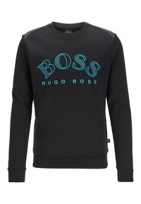 Felpa nera in cotone, con testo ricamato turchese "BOSS HUGO BOSS", polsini e collo a costine e dettagli testurizzati sulle spalle.