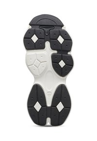 Suola di scarpe in gomma con uno schema di colori bianco e nero. Presenta motivi a diamante in rilievo e elementi di ammortizzazione per aderenza e supporto.
