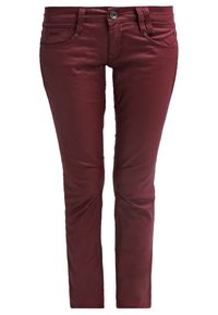 Burgundy slim-fit jeans gjorda av mjuk denim, med fem fickor, en framknäppning och diskreta sömnadsdetaljer.
