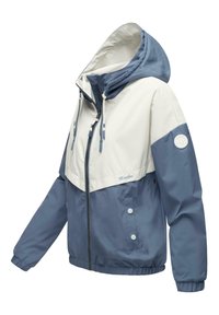 Veste légère avec un design bicolore blanc et bleu, dotée d'une capuche, de poignets élastiques, d'une fermeture éclair et de poches lat�érales.