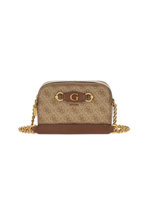 Beige en bruine design crossbody tas met gouden kettingriem, herhalend logopatroon en centraal gouden "G" embleem aan de voorkant.