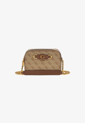 Beige en bruine design crossbody tas met gouden kettingriem, herhalend logopatroon en centraal gouden "G" embleem aan de voorkant.