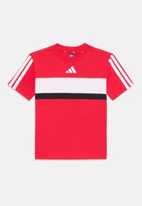 Red short-sleeve shirt featuring white and black horizontal stripes and three white stripes on the sleeves, branded with the Adidas logo.