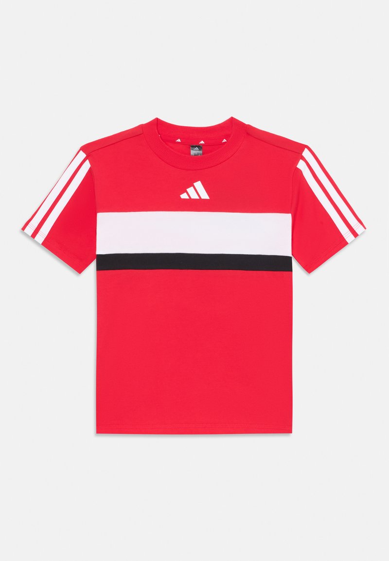 Red short-sleeve shirt featuring white and black horizontal stripes and three white stripes on the sleeves, branded with the Adidas logo.