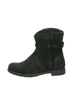 Dark green suede mid-calf boot with flat rubber sole, stitched detailing, and a folded cuff with a pull tab at the top.