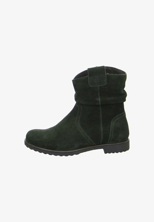 Dark green suede mid-calf boot with flat rubber sole, stitched detailing, and a folded cuff with a pull tab at the top.