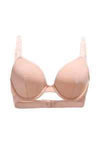 Soutien-gorge rembourré rose clair avec bretelles réglables et fermeture frontale, conçu pour un confort et un soutien quotidien.