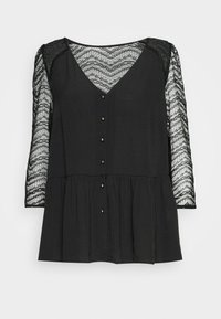 Černá blůza s hlubokým výstřihem do V, krajkovými rukávy, zapínáním na knoflíky vpředu a peplum spodním lemem. Disponuje složitým krajkovým vzorem a jemnými zlatými knoflíky.