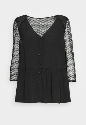 Schwarze Bluse mit tiefem V-Ausschnitt, Spitzenärmeln, Knopfleiste und einem Peplum-Saum. Verfügt über ein kompliziertes Spitzenmuster und dezente goldene Knöpfe.