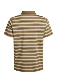 Polo à manches courtes en vert olive avec des rayures horizontales blanches et beiges. Tissu doux avec un design de col classique.